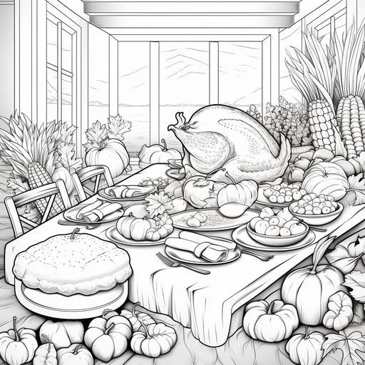 cartoon illustrations, big table with thanksgiving feast including, baked turkey, bread, plate with corns, pies and fall decor around table, coloring page, entire page, white page, no shading, no grey, thin lines