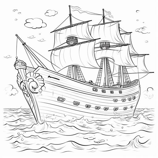 cartoon illustrations, cartoon style coloring page with mayflower cartoon boat in the ocean, white page, no shading, no grey, thin lines