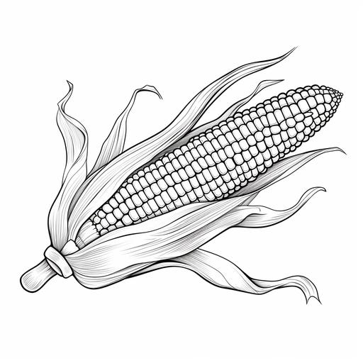 cartoon illustrations, large corn coloring page, white page, no shading, no grey, thin lines