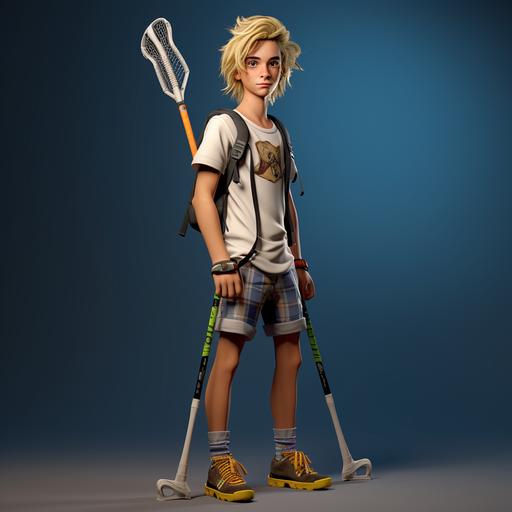 cartoon image blond skinny Caucasian male teen with mullet and a lacrosse stick 8k, award- winning photography, ultra-photorealistic. photograph, detailed, Modern, Portrait, full body shot, candid.