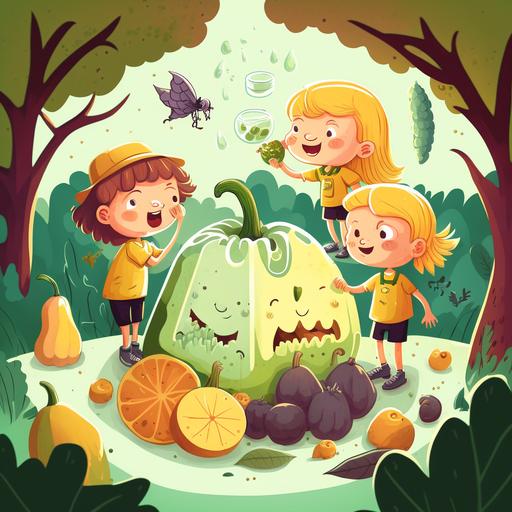 cartoon image of Children's in the green garden playing with Iceberg, Jackfruit, Kiwi, lemon