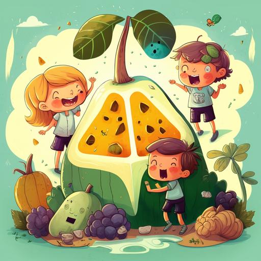 cartoon image of Children's in the green garden playing with Iceberg, Jackfruit, Kiwi, lemon