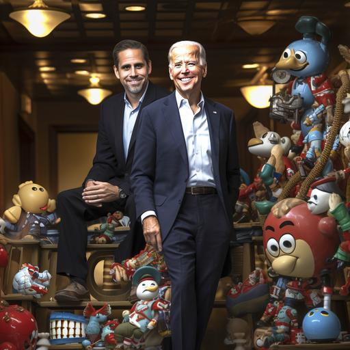 cartoon image of hunter biden sitting in joe bidens lap, surrounded by christmas decorations. High definition