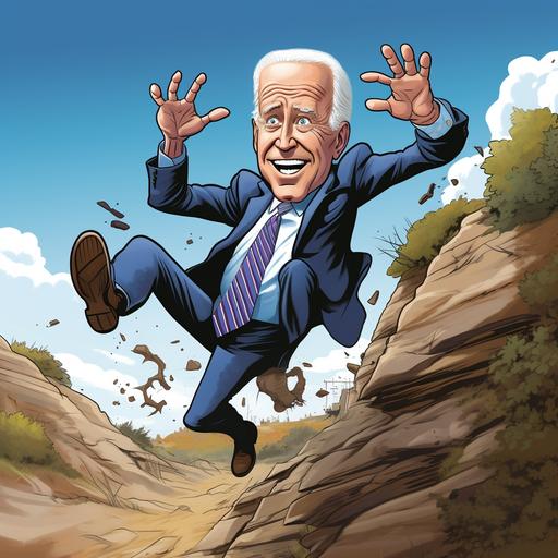 cartoon image of joe biden tripping and falling off a cliff