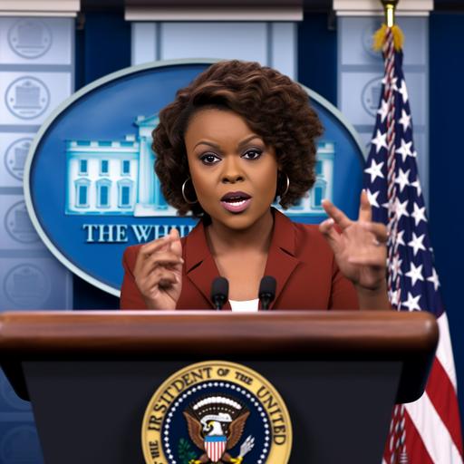 cartoon image of white house press secretaery Karine Jene pierre behind the podium ponting her finger