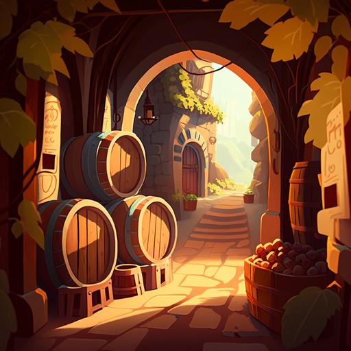 cartoon images of wine cellars, sunny, bright