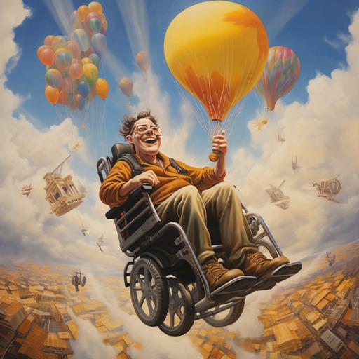 cartoon in wheelchair flying painting