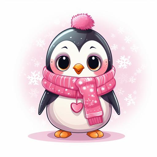 cartoon kawaii penguin with bright Barbie pink Christmas sweater on blank white background