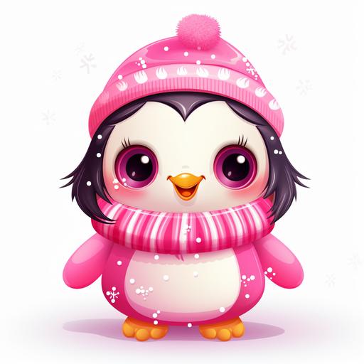 cartoon kawaii penguin with bright Barbie pink Christmas sweater on blank white background