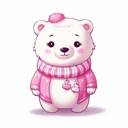 cartoon kawaii polar bear with bright Barbie pink Christmas sweater on blank white background