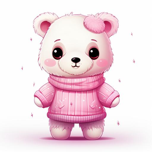 cartoon kawaii polar bear with bright Barbie pink Christmas sweater on blank white background