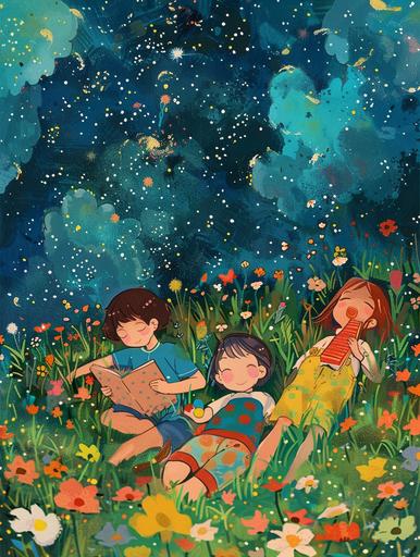 cartoon kids lay on the lawn, reading book, daytime, surrounded by the colorful nature, cartoon clouds in the sky overhead, bright, Muted Tones, Ghibli Studio, children's illustration --ar 3:4 --style raw