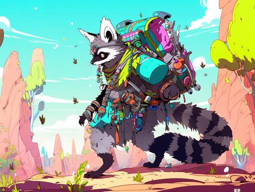 cartoon lemur on the desert, in the style of crisp neo-pop illustrations, psychedelic color schemes, petcore, album covers, sublime wilderness, cyan and azure, sharp/prickly --ar 4:3 --niji 5