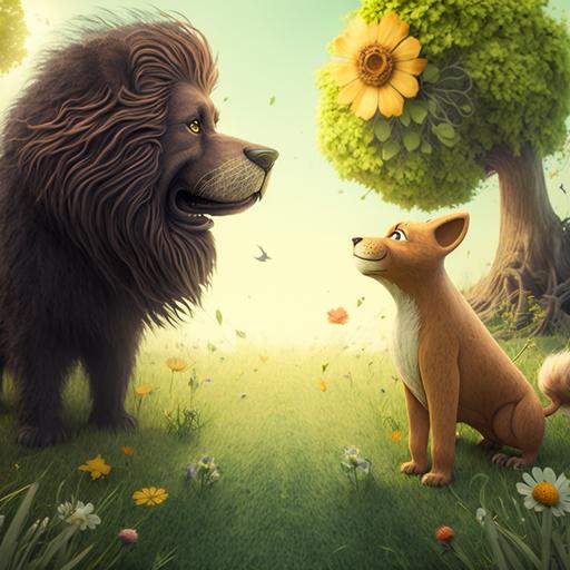 cartoon lion and dog facing each other angry in beautiful green grass, wildflowers, and tall trees towering over them