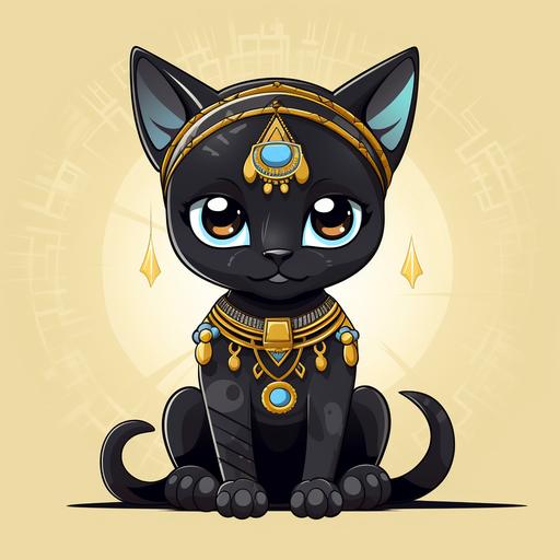 cartoon little black cat,egyptian cat,cat with embellishments,egyptian little black cat --style raw
