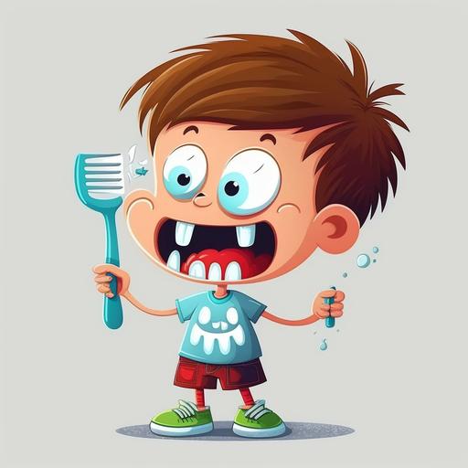 cartoon little kid brushing teeth
