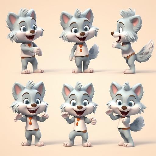 cartoon little wolf character, cute mascot, cartoon, multiple poses with different facial emotion