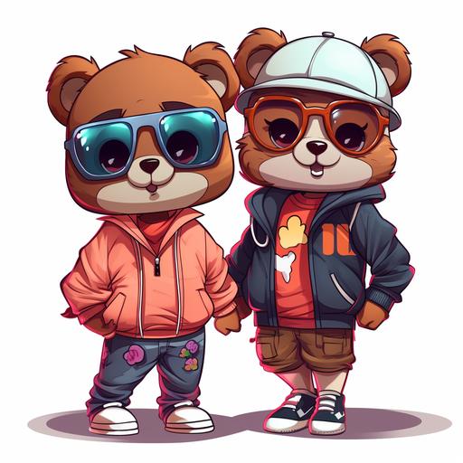 cartoon logo 2 adorable smiling teddy bears male and female with shades on dressed in streetwear fashion