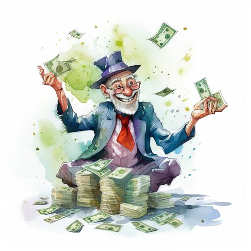 cartoon man spending money, in the style of watercolor painting