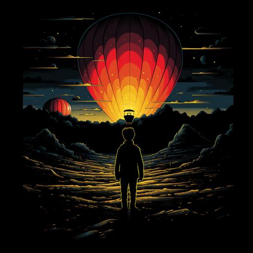 cartoon man watching hot air balloon in the distance with black background