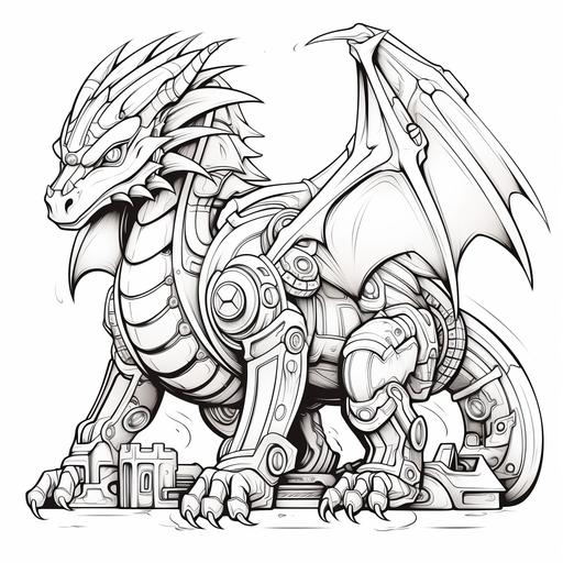 cartoon mechanical dragon coloring page, line art, coloring book design, coloring pattern, black and white, white background