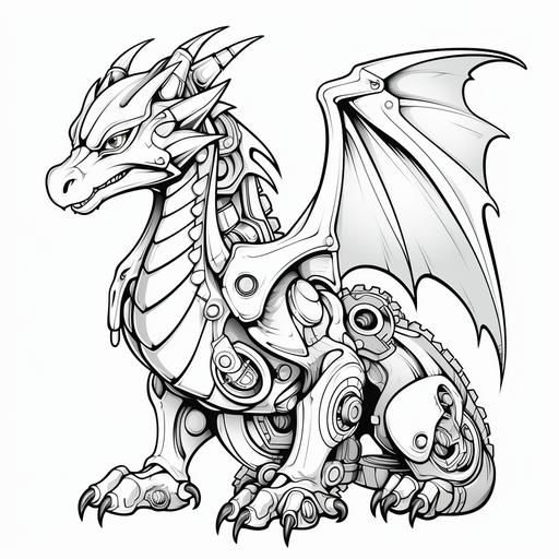 cartoon mechanical dragon coloring page, line art, coloring book design, coloring pattern, black and white, white background