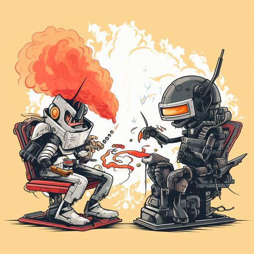 cartoon mechanical ninja rocker vs office horus smoker, drawing --v 5.2