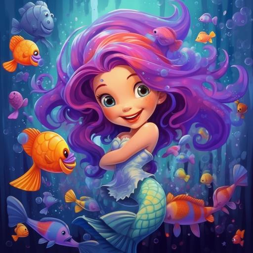 cartoon mermaid with purple hair, happy fish, vivid colors underwater