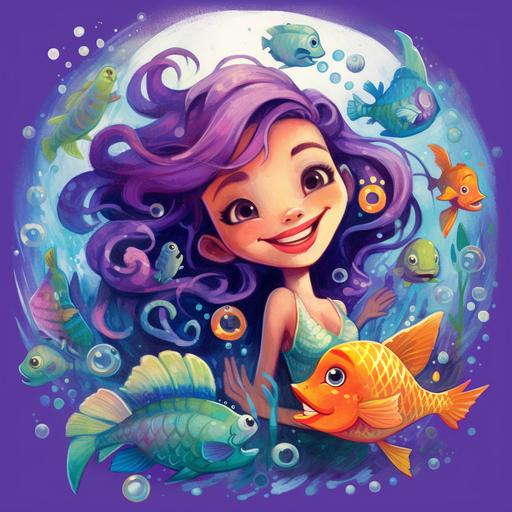 cartoon mermaid with purple hair, happy fish, vivid colors underwater