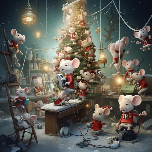 cartoon mice decorating a call-center office as winter winterland with X'mas tree, raindeer, snow, ladders, holly,