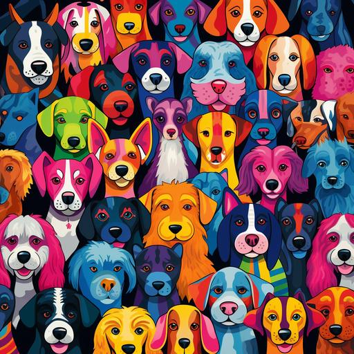 cartoon mini dogs in a pattern colourful vibrant different dog breeds