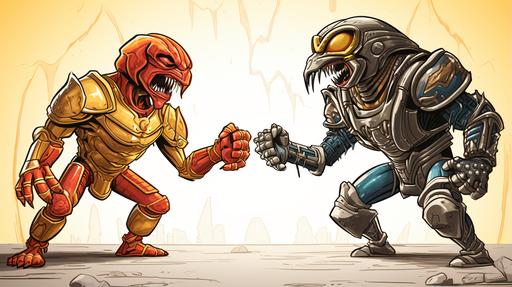 cartoon mk scorpion vs the office horus, drawing --ar 16:9 --v 5.2