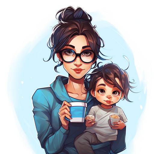 cartoon mom with messy bun who is tired holding a kid and a cup of coffee