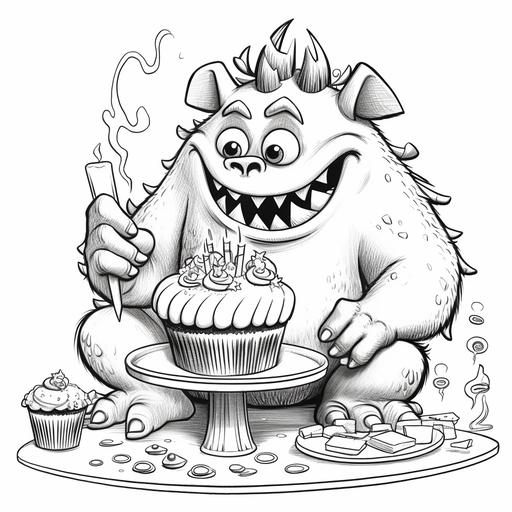 cartoon monster eating birthday cake coloring page