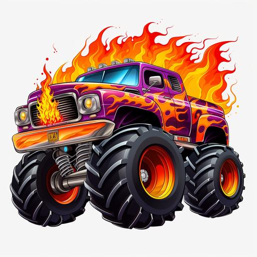 cartoon monster truck, flames from wheels, transparent background
