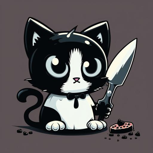 cartoon of a cute black-white cat eating meat with fork and knife