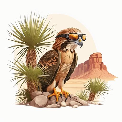 cartoon of a hawk wearing sunglasses in the desert, vector, white background