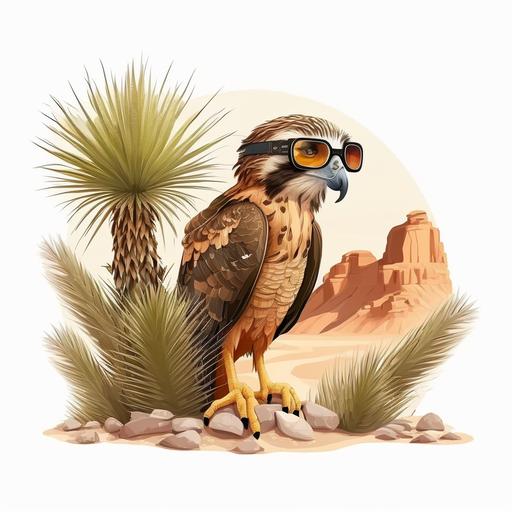 cartoon of a hawk wearing sunglasses in the desert, vector, white background