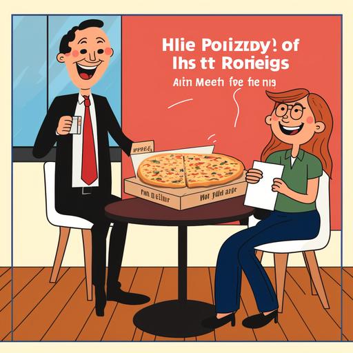 cartoon of a hiring manager offering a slice of pizza to a potential employee as part of their job offer in a cozy office space, where a hiring manager is sitting across the table from a candidate, with a delicious looking pizza box sitting on the table between them, the manager has a big grin on their face and is holding out a slice of pizza towards the candidate, who looks a bit confused but also slightly intrigued, the picture does not have any text on it, and it is not a realistic depiction, but rather a playful and whimsical cartoon, they are dressed in a suit, but their tie is slightly askew, indicating a casual and friendly demeanor, the candidate is also portrayed as a cartoon character, with big eyes and a slightly bewildered expression, the cozy office space is shown as a bright and colorful room, with walls painted in cheerful shades of yellow and green, there are potted plants and framed pictures on the walls, giving the space a warm and welcoming feel, the pizza box on the table is depicted as a giant cardboard container, with steam rising from the open lid, as the hiring manager offers the slice of pizza to the candidate, there is a playful twinkle in their eye, the pizza itself is depicted as a slice of pure joy, with rainbow sprinkles and smiling faces made out of toppings.