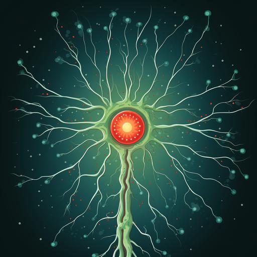 cartoon of a neuron with long axon on a horizontal position, outer membrane of the neuron is green and cytoplasm is red, neuron has two eyes only