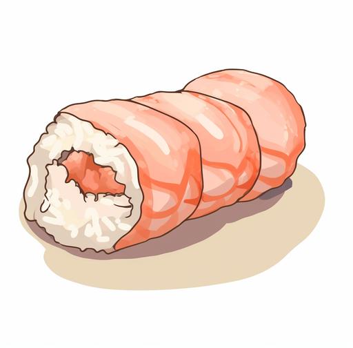 a cartoon of a shrimp sushi on a white background, in the style of utagawa kunimasa:, cut/ripped, organic, stockphoto, light pink, --ar 50:49 --v 5 --q 2