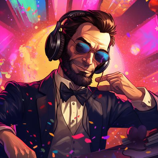 cartoon of abraham lincoln with all notable features, DJing at a club, wearing sunglasses and a headset,