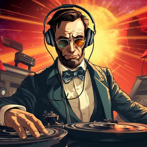 cartoon of abraham lincoln with all notable features, DJing at a club, wearing sunglasses and a headset,