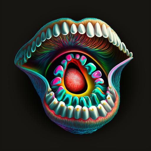 cartoon of an oyster shell creature, with one eye, a large mouth, a big tongue, a black background, saliva coming out of the mouth that is wide open, big lips, UI, UX, STYLIZE, COMICAL, V4, Q2, 16K, BRIGHT COLOURS