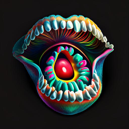 cartoon of an oyster shell creature, with one eye, a large mouth, a big tongue, a black background, saliva coming out of the mouth that is wide open, big lips, UI, UX, STYLIZE, COMICAL, V4, Q2, 16K, BRIGHT COLOURS