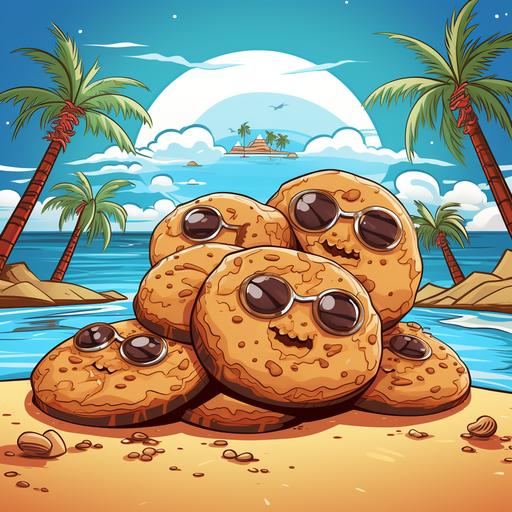 cartoon of cookies wearing sunglasses on a tropical vacation