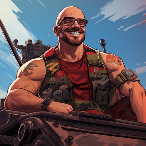 cartoon of ripped bald buff man in red and black plaid shirt, wearing glasses, in a decked out army tank smiling and smirking