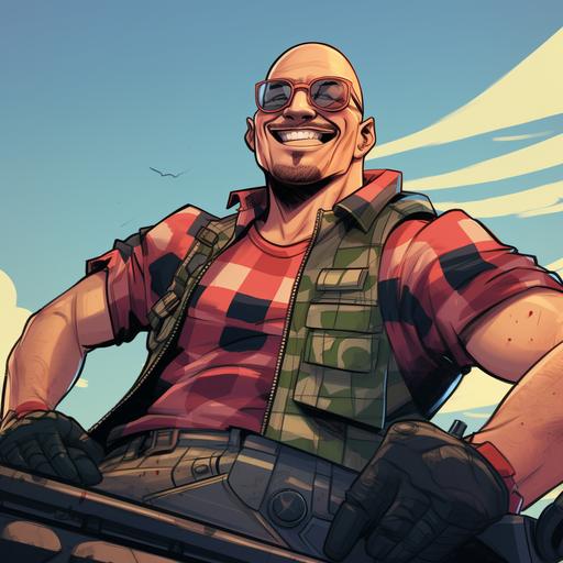 cartoon of ripped bald buff man in red and black plaid shirt, wearing glasses, in a decked out army tank smiling and smirking