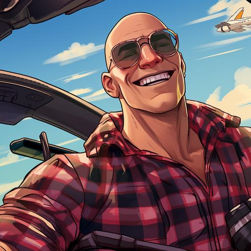 cartoon of ripped buff pilot with a shaved head in red and black plaid shirt, wearing glasses, flying his jet smiling and smirking