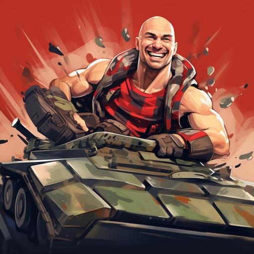 cartoon of ripped ripped, bald buff man in red and black plaid shirt in a decked out army tank smiling and smirking